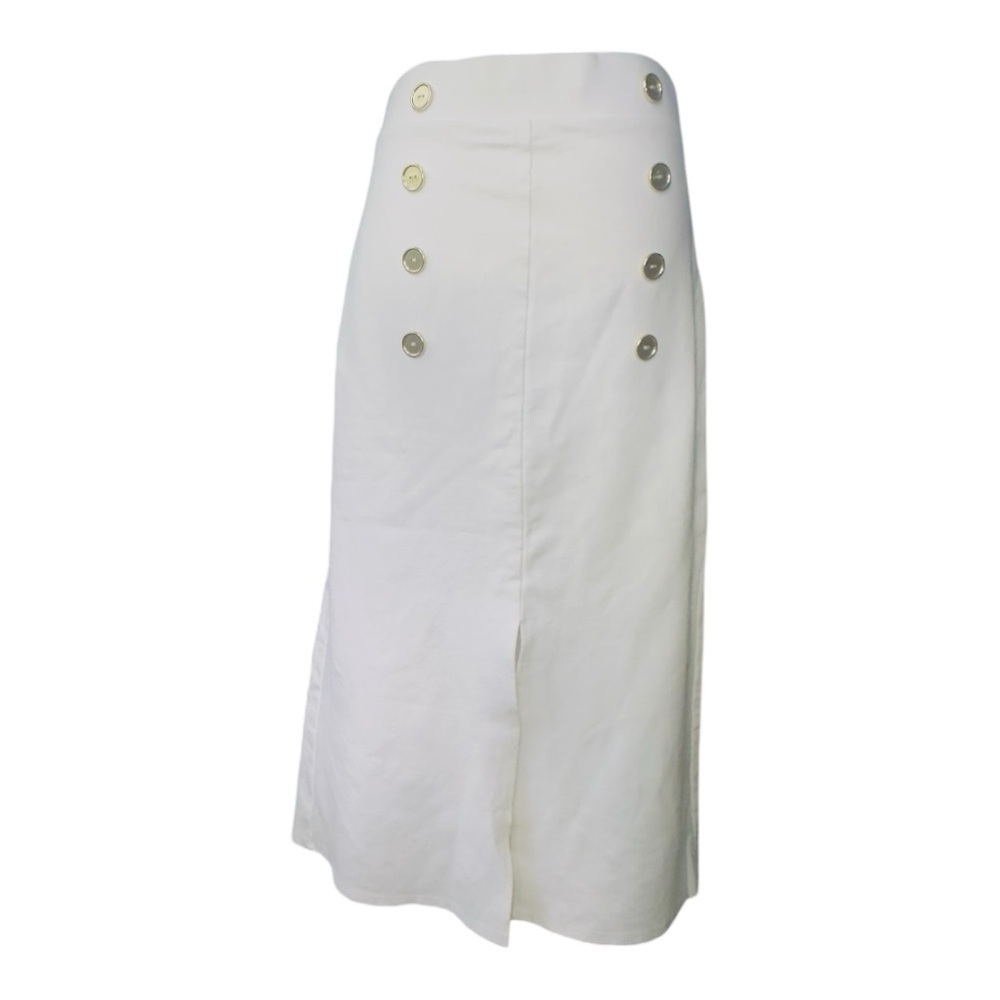 Messini Sophisticated White Button-Accent A-Line Skirt medium